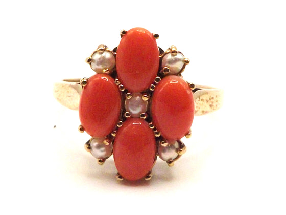 9 ct Yellow Gold coral and pearl cluster ring