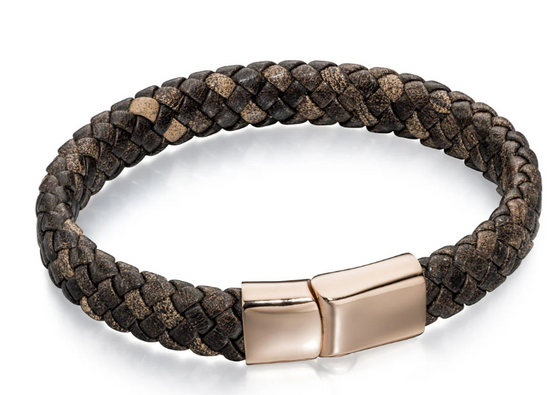 Fred Bennett – MENS ROSE GOLD PLATED LEATHER BRAID BRACELET