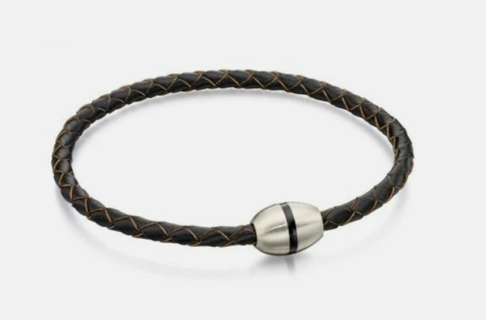 Fred Bennett – Gents Stainless Steel & Black Leather Skinny Bracelet