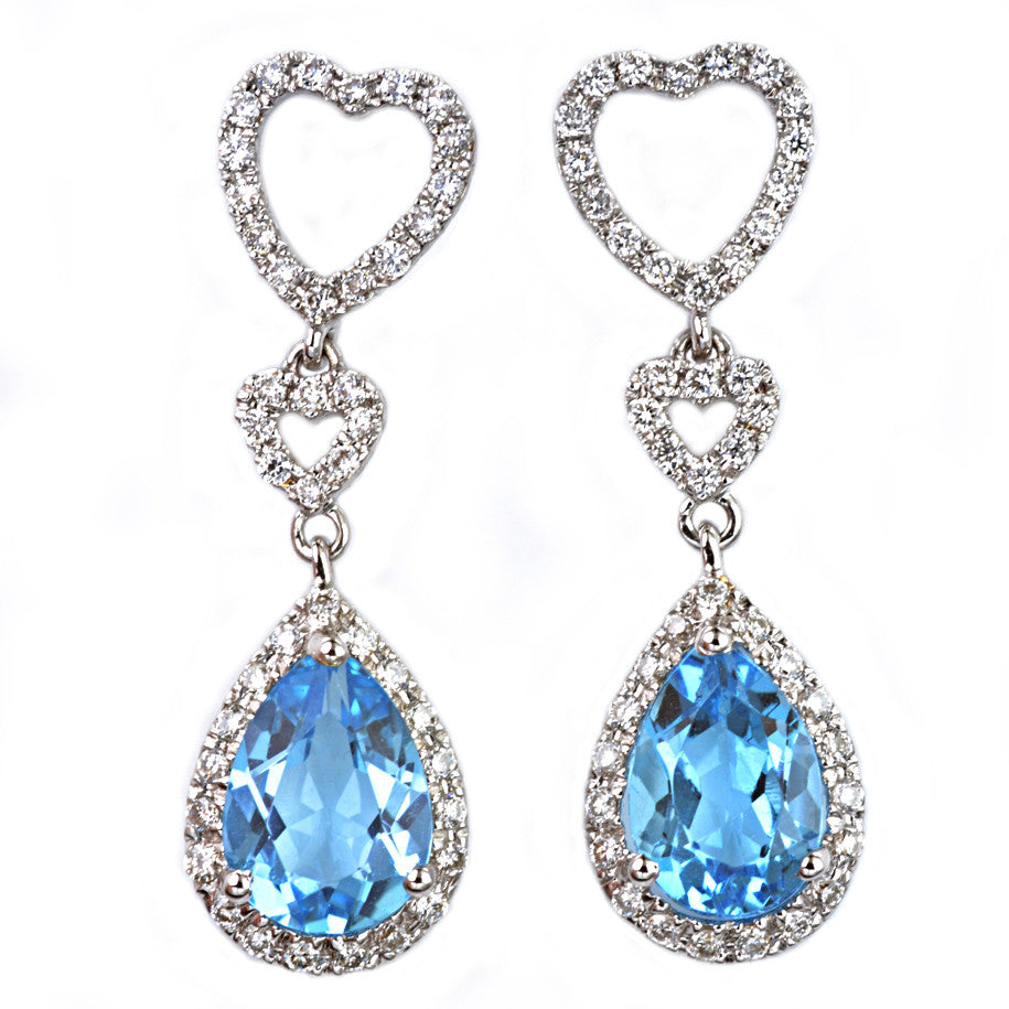 18ct White Gold Blue Topaz and Diamond Drop Earrings Macrow and Son