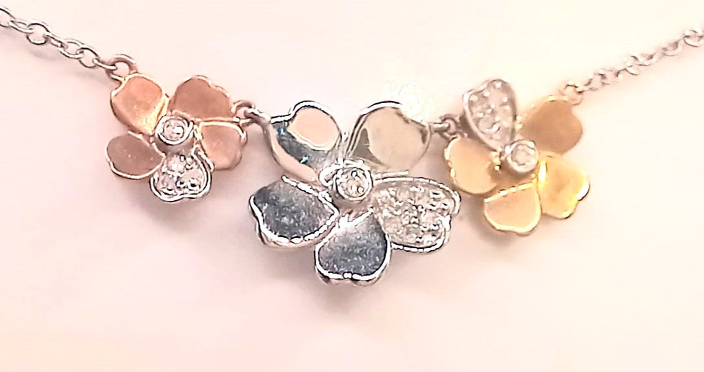 9 ct yellow and Rose Gold, diamond set flower necklace
