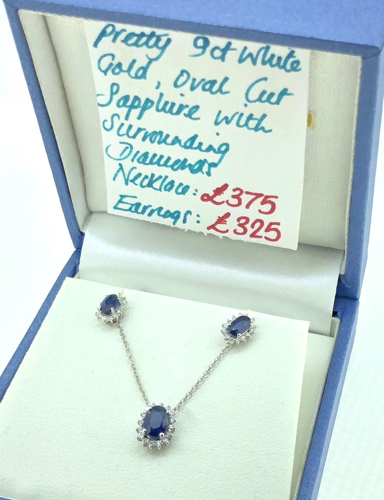 9 ct White Gold Oval cut sapphire and diamond necklace and earrings