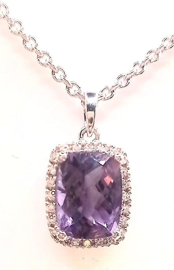 9 ct White Gold Amethyst and diamond cluster pendant