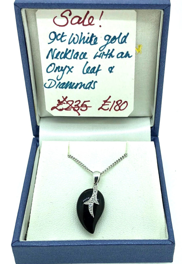 9 ct White Gold Onyx leaf with diamonds pendant and chain