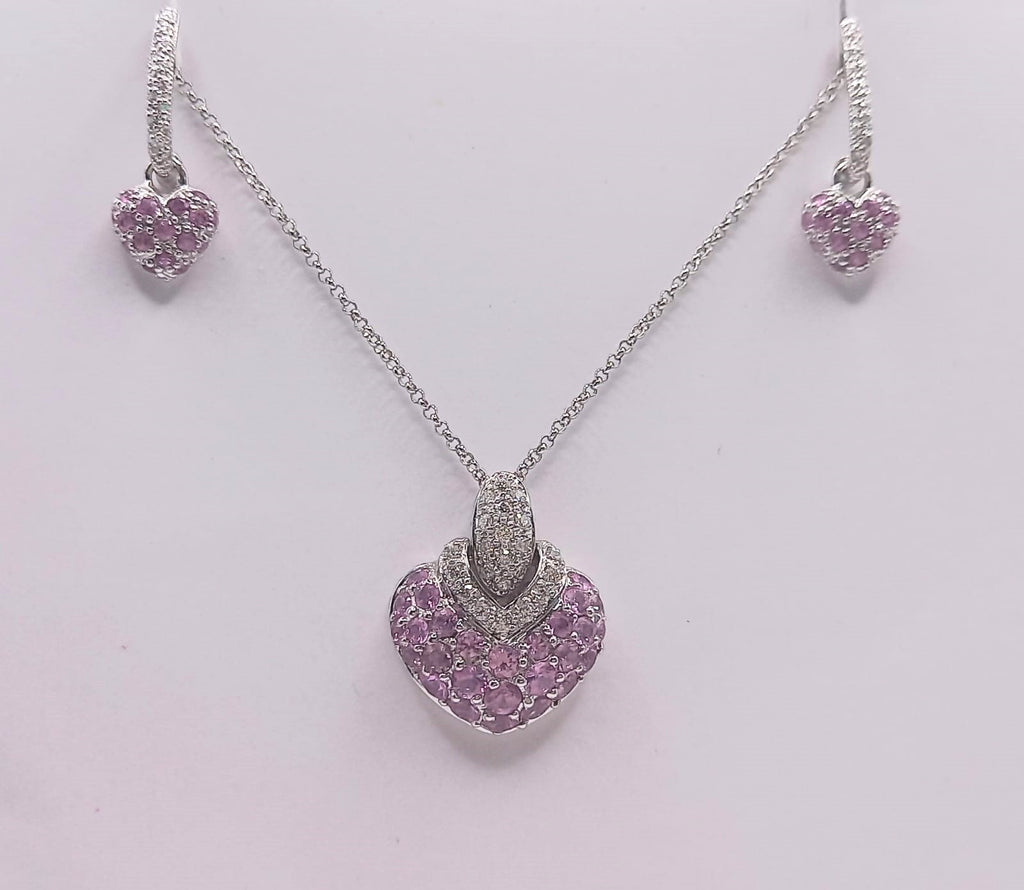 18 ct White Gold pink Sapphire & Diamond earrings and pendant