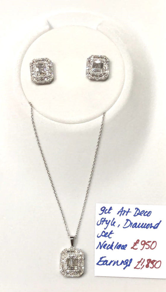 9 ct White Gold Art Deco diamond earring and necklace set