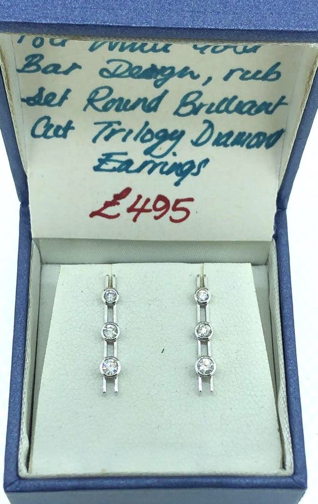 18ct White Gold Bar Design Trilogy Diamond Earrings