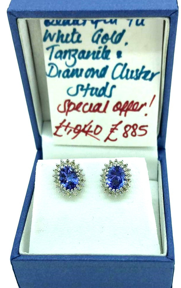 9 ct White Gold Tanzanite and Diamond cluster earrings