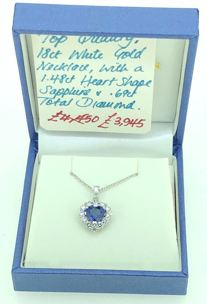 18ct White Gold set with 1.48ct Heart Sapphire and 0.69ct Diamonds