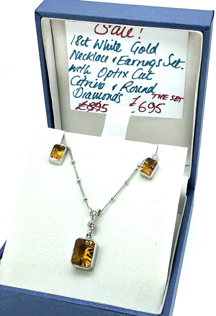 18ct White Gold necklace and earring set with Optix Cut Citrine and round Diamonds