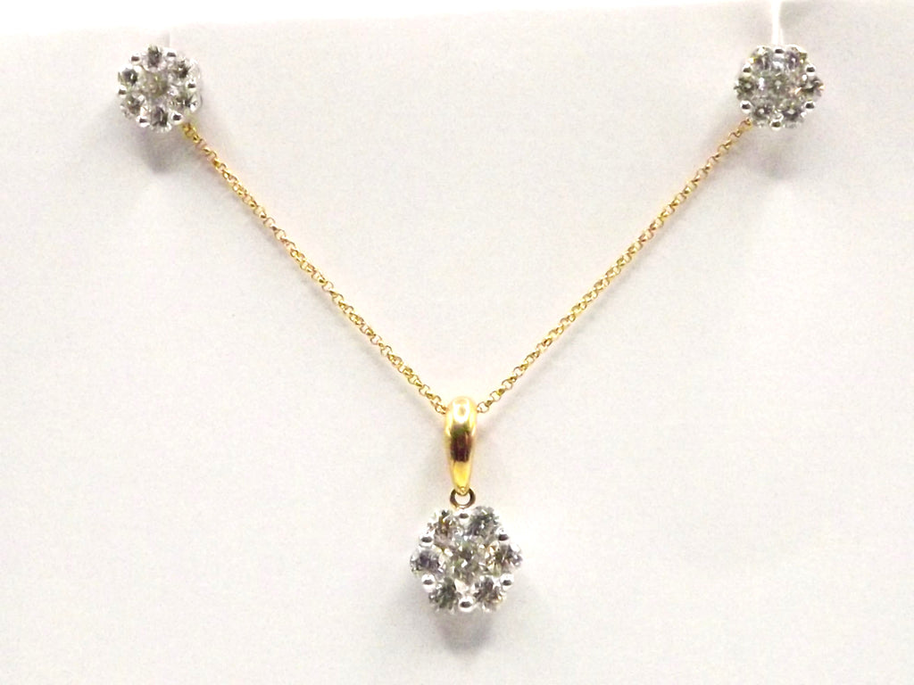 18ct Yellow and White Gold necklace and earring set with Diamond cluster
