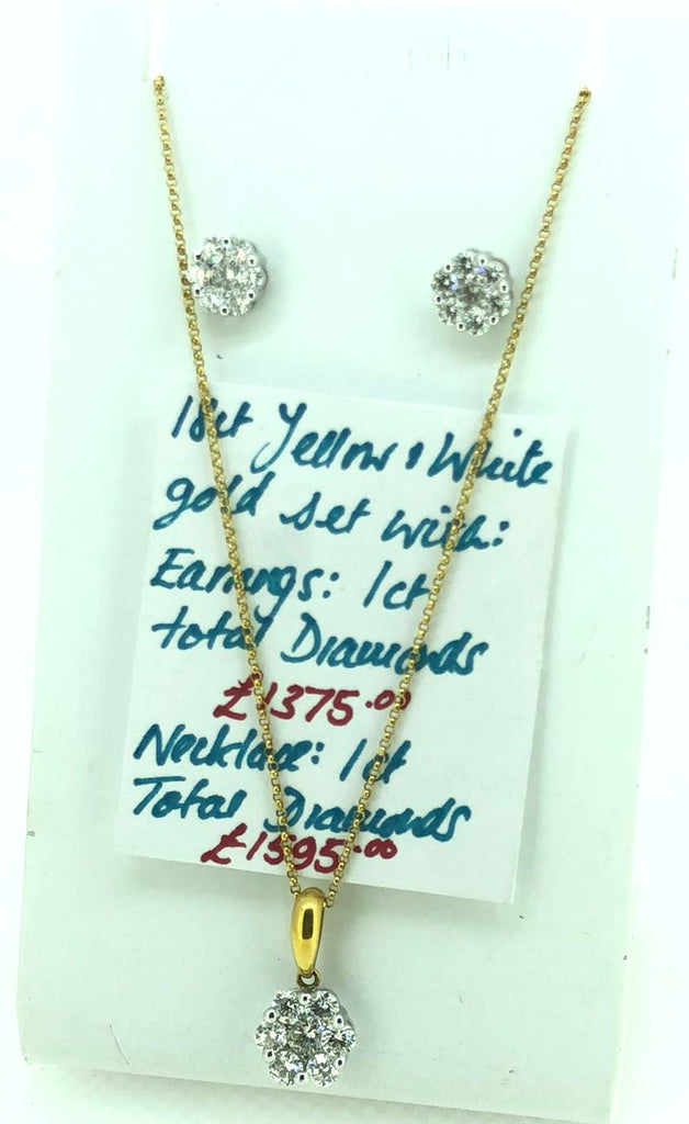 18ct Yellow and White Gold necklace and earring set with Diamond cluster