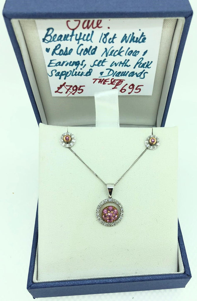 18ct White & Rose Gold necklace and earring set with pink Sapphires and Diamonds