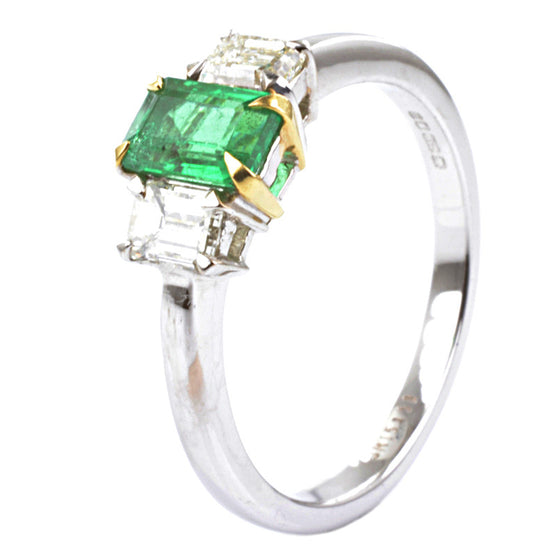 18ct White Gold Emerald and Diamond Trilogy Ring